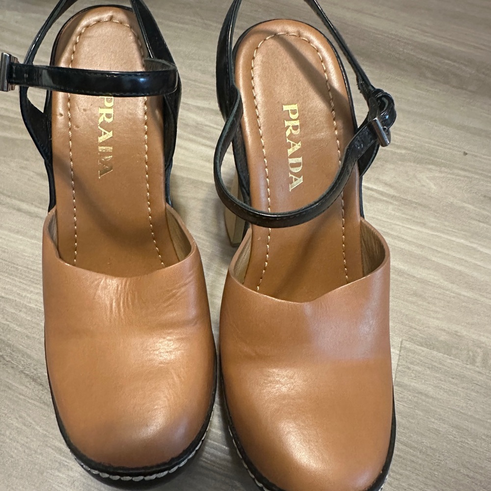 Prada Studded Wooden Platform Slingback Clogs